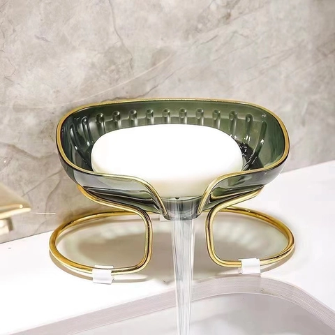 Self Draining Soap Dish Leaf Shape PET Plastic Gold Metal Stand Luxury Decorative Bar Soap Holder For Bathroom