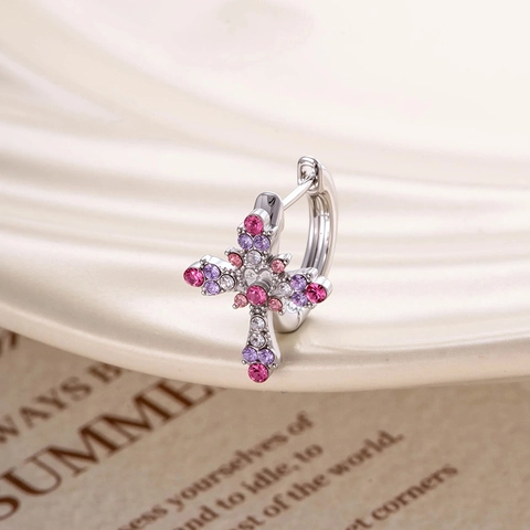 Orecchini A Cerchio Con Croce Boema Con Zircone Colorato Rosa Viola Gioielli Delicati Placcati Argento Stile Spice Girl