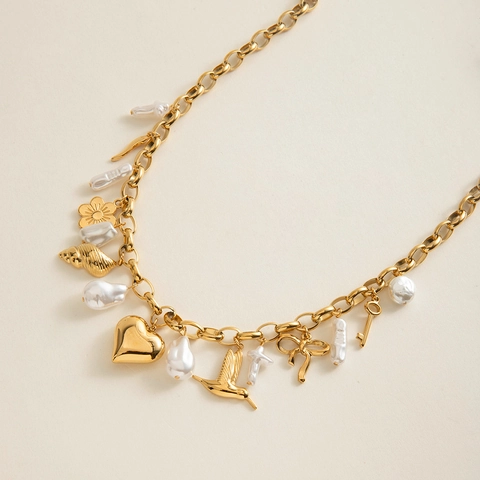 Collar De Amuletos De Acero Inoxidable Chapado En Oro Perla Barroca Artificial Colgantes Corazón Llave Concha Joyería Impermeable