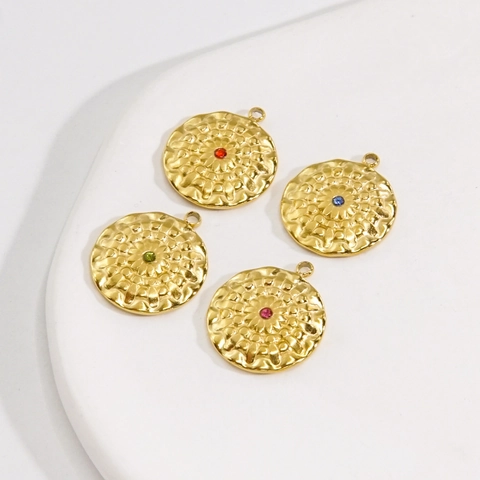Hammered Round Pendants Stainless Steel 14K Gold Plated Colorful Rhinestone Charms For DIY Jewelry Making French Style