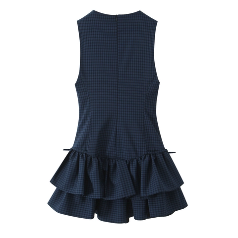 Women Plaid Mini Dress Sleeveless Round Neck Layered Ruffle Hem Tiered Chic Retro Elegant Back Zipper Short Dress