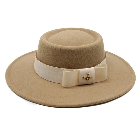 Cappello Boater A Tesa Larga In Feltro Stile Britannico Vintage Elegante Con Nastro Fiocco Decorazione Ape