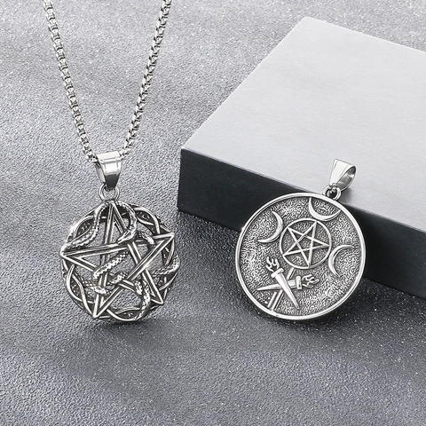 Collana Pendente Pentagramma Serpente E Catena Acciaio Inossidabile Vintage Tripla Luna Ruota Ecate Gioielli Occulti