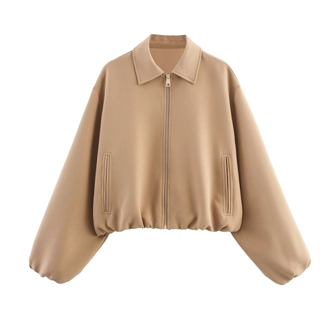 Chaqueta Con Cremallera De Color Sólido Para Mujer Solapa Manga Larga Abrigo Corto Informal Elegante Dobladillo Elástico
