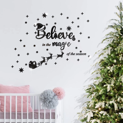 Adesivo Da Parete Specchio Natale Acrilico Believe Magic Citazione Arredo Babbo Natale Slitta Renna Stella DIY Festa