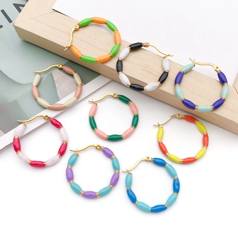 Boucles d'Oreilles Créoles Bohème en Acier Inoxydable Joint de Bambou Émail Coloré Plaqué sous Vide Boucle d'Oreille Géométrique Bijoux de Mode pour Femmes