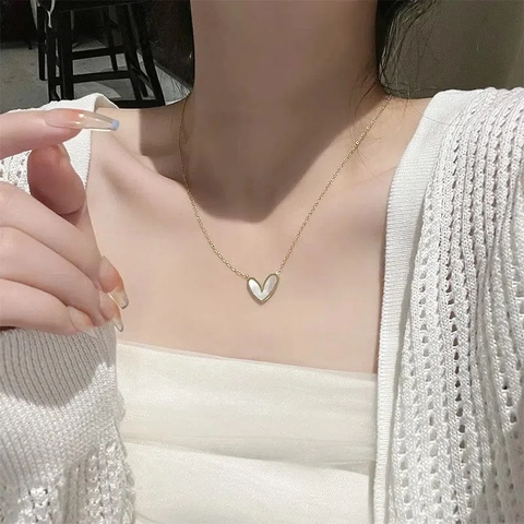 Heart Pendant Necklace Stainless Steel Mother Of Artificial Pearl Gold Plated Elegant Minimalist Clavicle Chain Jewelry For Women
