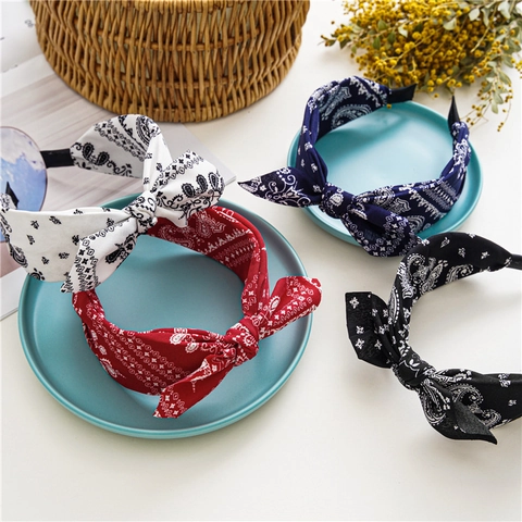 Paisley Print Bowknot Headband For Women Vintage Cloth Fabric Knotted Hairband Hair Hoop Fashion Bunny Ear Accessories