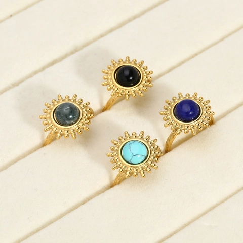 Sonnenblume Ring Naturstein 304 Edelstahl Verstellbar Offenes Band Retro Bohemien Schmuck Für Frauen Wasserdicht