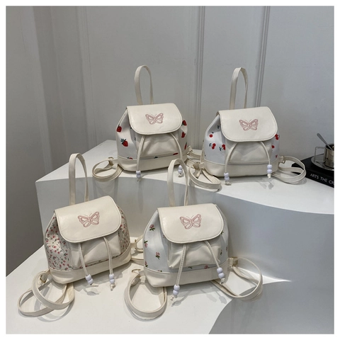 Women's Mini Fashion Backpack PU Leather Bucket Bag Sweet Butterfly Embroidery Cherry Strawberry Floral Print Drawstring Backpack