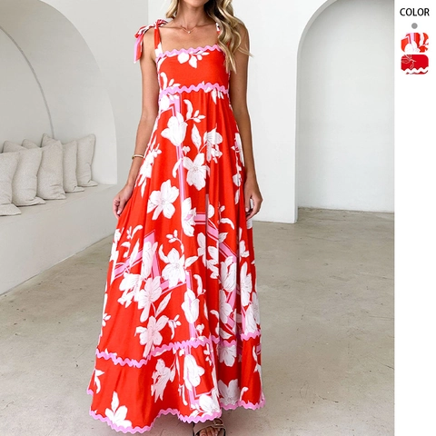 Women Summer Floral Maxi Dress Sleeveless Tie Straps Scalloped Trim Polyester Vacation Beach Style Red White Art Print