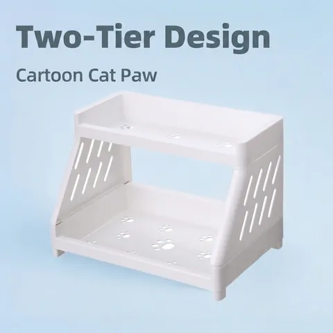 Tiered Storage Rack Plastic Hollow Cat Paw Desktop Shelf For Cosmetics Makeup Stationery Kitchen Organization White