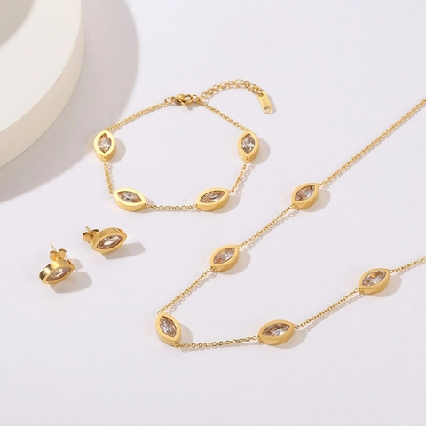 Necklace Bracelet Earrings Jewelry For Women 18K Gold Plated Stainless Steel Marquise Cubic Zirconia Water Drop Trendy INS Style