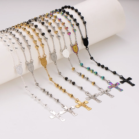 Rosary Necklace 304 Stainless Steel Crucifix Cross Pendant Saint Benedict Medal Round Beads Religious Jewelry For Men Women