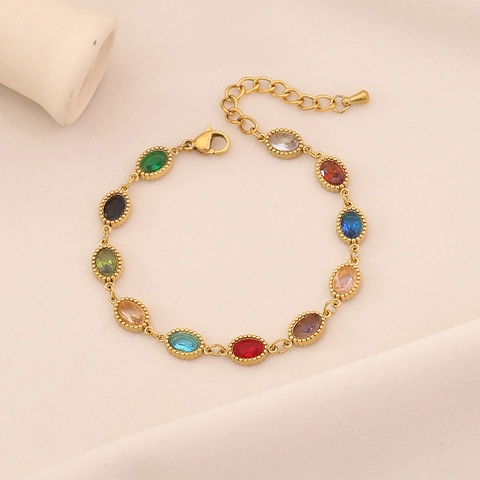 Colorful Gemstone Bracelet Gold Plated Stainless Steel Adjustable Chain Exotic Elegant Jewelry For Women