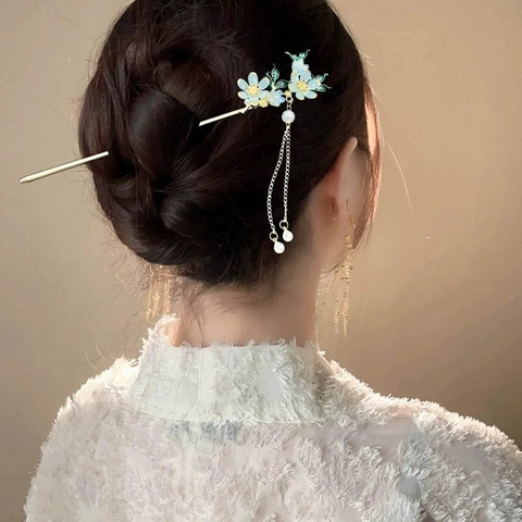 Bastoncino Capelli Cinese Vintage Floreale Smalto Con Nappa Künstliche Perle Forcina Lega Hanfu Accessori Capelli Donne Retro Elegante