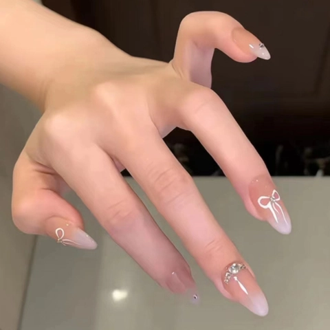 Uñas Postizas Press On Largas Almendra Degradado Rosa Blanco Lazo Diamantes Perla Artificial Elegantes De Plástico Para Mujeres