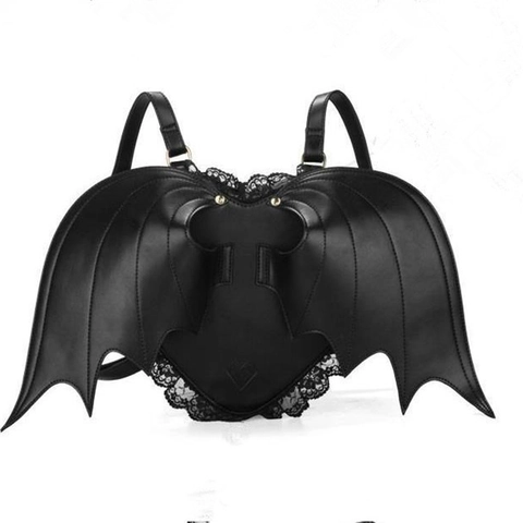 Gothik Fledermaus Flügel Herzform Kunstleder Rucksack Damen Spitze Dunkler Engel Teufel Neuheit Mode Tasche