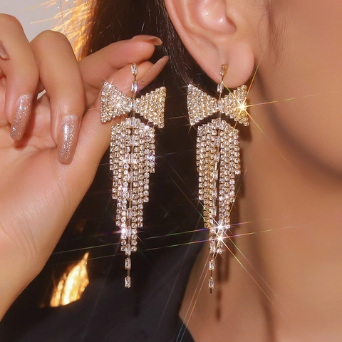 Pendientes de Lujo con Lazo y Borla Larga para Mujer Elegantes Geométricos Incrustados con Diamantes de Imitación Joyería