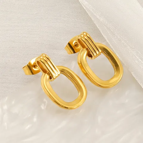 Stainless Steel Oval Geometric Stud Earrings 18K Gold Plated Minimalist Vertical Striped Textured Hoop For Women