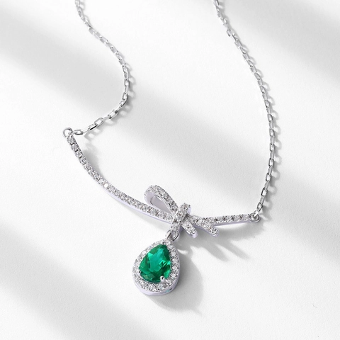 925 Sterling Silver Bowknot Pendant Necklace With Lab-Grown Emerald Pear Cut Green Gemstone Rhinestone Inlaid Jewelry For Women