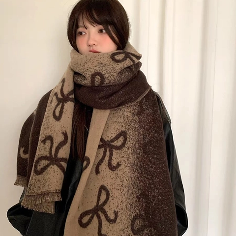 Écharpe en Tricot Épais Motif Nœud Papillon Femme Hiver Chaud Châle Imitation Cachemire Jacquard Avec Glands Style Coréen