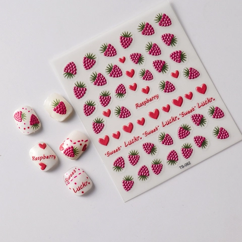 Adesivi Per Nail Art In Rilievo 5D Motivo Lampone Frutta Cuore Autoadesivi Impermeabili Decalcomanie Manicure Fai Da Te
