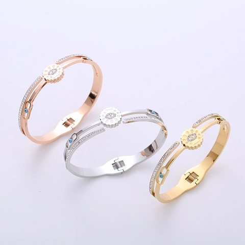 Bracciale Rigido Malocchio Acciaio Inossidabile 304 Strass Smalto Apertura A Molla Gioielli Hip Hop Da Donna