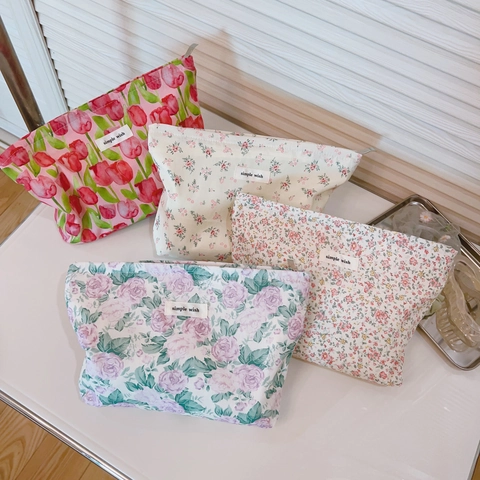 Florale Baumwolle Kosmetikbeutel Reißverschlusstasche Reise Organizer Clutch Für Frauen Vintage Pastoral Stil Leinwand Futter