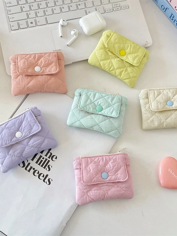 Quilted Diamond Pattern Card Holder Polyester Coin Purse Small Pouch With Snap Button For Women Macaron Colors