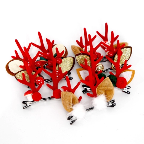 Christmas Antler Hair Clips With Reindeer Ears Red Berries Bells Mushrooms Cute Holiday Party Hair Accessories For Kids Women