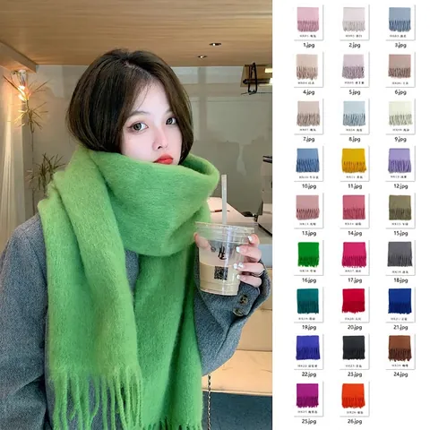Solid Color Mohair Like Winter Scarf For Women Long Thickened Warm Soft Tassel Wrap Shawl Korean Style