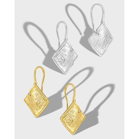 925 Sterling Silver Square Drop Earrings For Women Minimalist Lava Texture Hammered Geometric Rhinestone Inlaid Jewelry