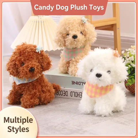 Realistic Plush Dog Toy Stuffed Poodle Puppy With Scarf Bow Knot For Kids Gift Home Decor Curly Soft Animal Doll