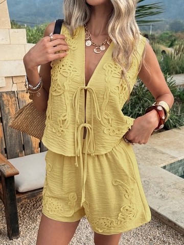 Women Sleeveless Lace Embroidery Tie Front Vest Waistcoat And Shorts Resort Vacation Boho Casual Polyester