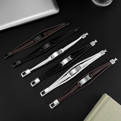 Fashion Men Braided Leather Bracelet Stainless Steel Metal ID Plate Multilayer Wristband Hip Hop Jewelry Male Accessory Gift