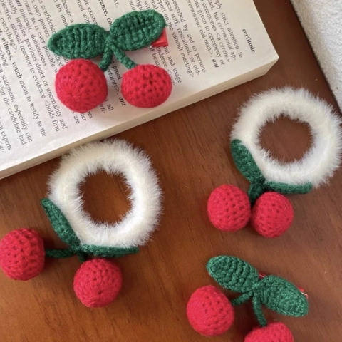 Handmade Crocheted Cherry Hair Clips And Plush Hair Ties Knitted Woolen Yarn Sweet Cute Fruit Accessories For Girls Women