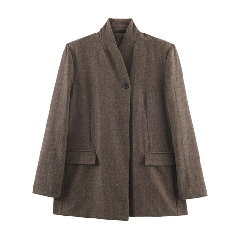 Veste Blazer Femme Marron Motif Chevrons Simple Boutonnage Mélange Laine Revers Bureau Décontracté