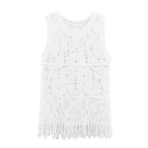 Gilet All'uncinetto Da Donna Senza Maniche Pizzo Traforato Top Con Frange Boho Spiaggia Scollo A V Maglia Bianca