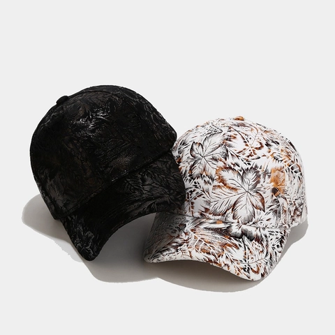Casquette De Baseball En Polyester Imprimé Feuilles Gaufré Bord Incurvé Rue Hip Hop Chapeau De Soleil Réglable Décontracté