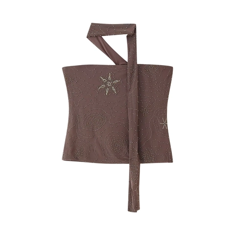 Women Sexy Beaded Halter Top Sheer Mesh Sequin Star Pattern Slim Fit Coffee Brown Sleeveless Backless Crop Top