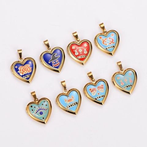 Collar Relicario Corazón Colgante Acero Inoxidable 304 Chapado En Oro 18K Esmalte Zodiaco Bruja Para Mujeres Estético