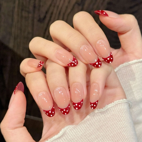 Handmade Wine Red Polka Dot French Press On Nails Vintage Short Oval Artificial Nails With Jelly Glue Tool Kit For Women