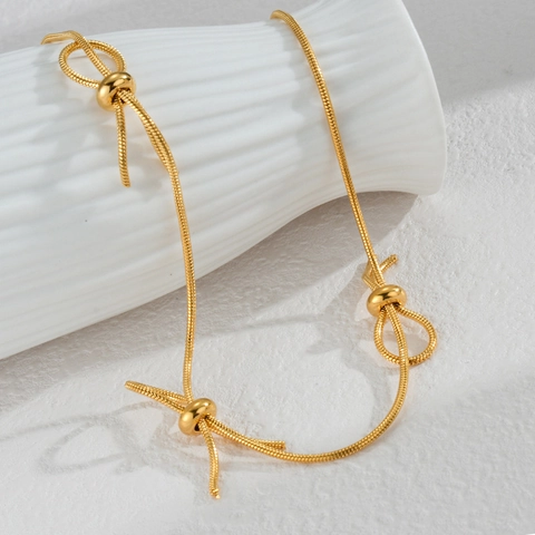 Collar Con Nudo De Lazo Chapado En Oro Acero Inoxidable Cadena De Serpiente Elegante Mujer