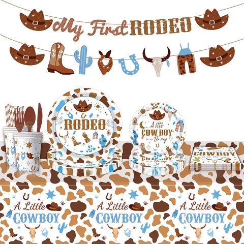 Western Cowboy Rodeo Theme Party Tableware Disposable Paper Plates Cups Napkins Banner Tablecloth Plastic Cutlery Straws