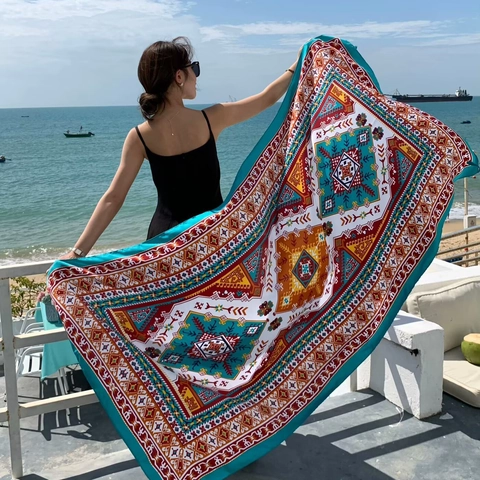 Ethnic Printed Beach Shawl Scarf For Women Bohemian Large Sun Protection Wrap Thin Polyester Travel Sarong With Tassels