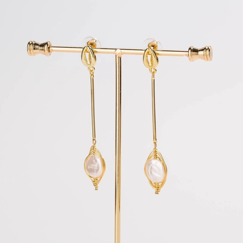 Gold Plated Alloy Shell Artificial Pearl Drop Earrings Handmade Copper Wire Winding Bohemian Long Dangle Jewelry For Women