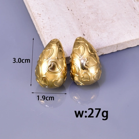 Vintage French Retro Teardrop Drop Earrings 18K Gold Plated Stainless Steel Embossed Heart Design Simple Jewelry Women