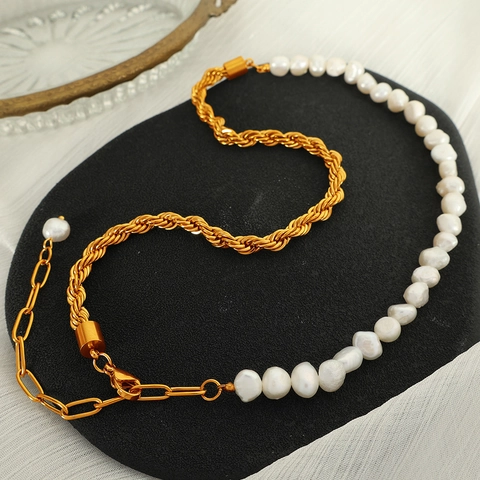Collier Et Bracelet En Perles D'eau Douce Baroques Acier Inoxydable Chaîne Torsadée Bijoux Pour Femmes Élégant