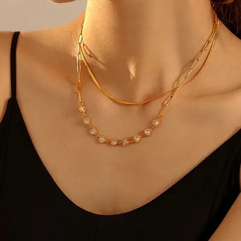Collar de Doble Capa de Acero Inoxidable con Corazón de Circonia para Mujer Chapado en Oro Elegante Joyería de Lujo